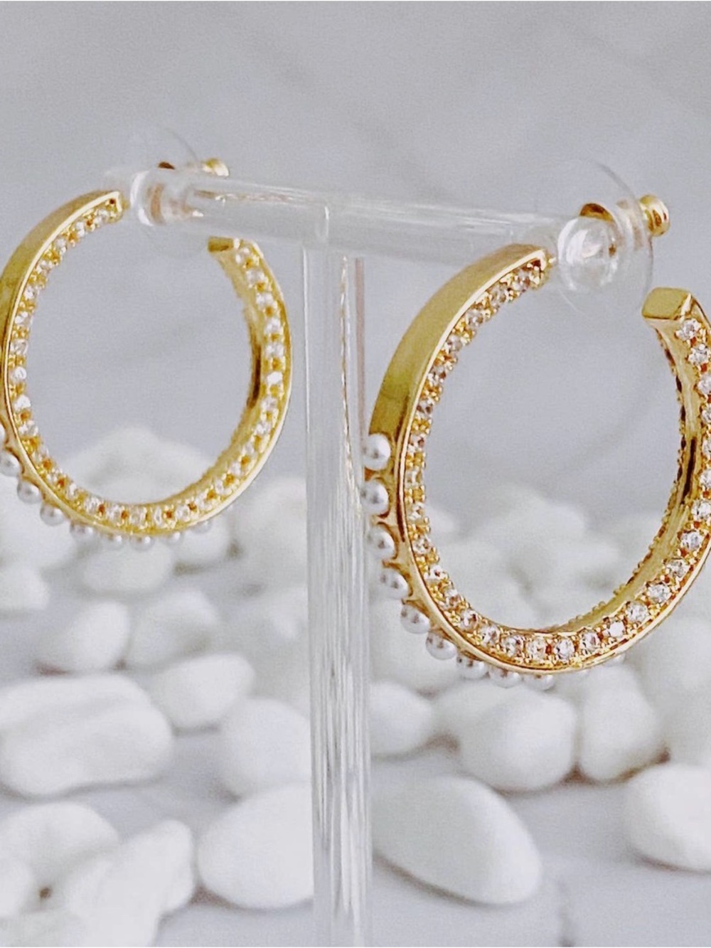 Gold Hoop Earrings with Crystal Pavé & Pearl Trim